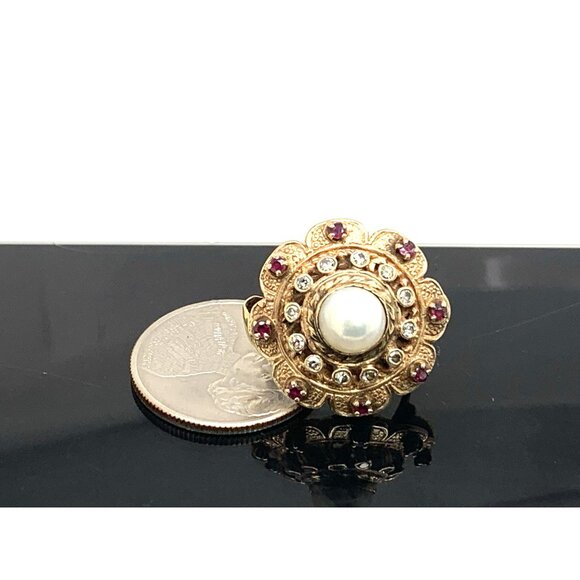 Pearl Ruby Diamond Women's Cocktail Ring 14k Yellow Gold Vintage Estate Size 5.5 - Picture 12 of 14
